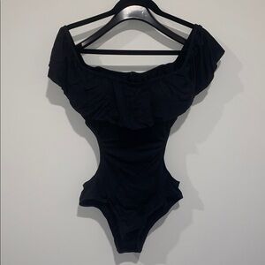 Laundry by Design Black Off-Shoulder Ruffle Womens One-Piece Bathing Suit